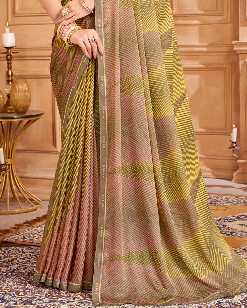 Vishal Prints Sand Brown And Light Yellow Printed Brasso Saree With Fancy Border