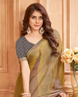 Vishal Prints Sand Brown And Light Yellow Printed Brasso Saree With Fancy Border
