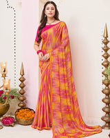 Vishal Prints Rosy Pink And Faded Orange Printed Brasso Saree With Fancy Border