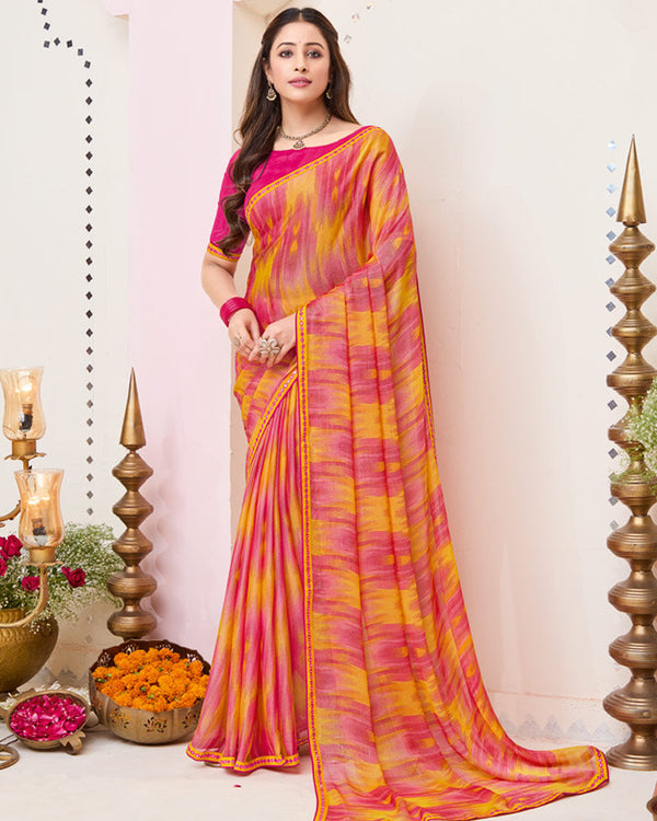 Vishal Prints Rosy Pink And Faded Orange Printed Brasso Saree With Fancy Border