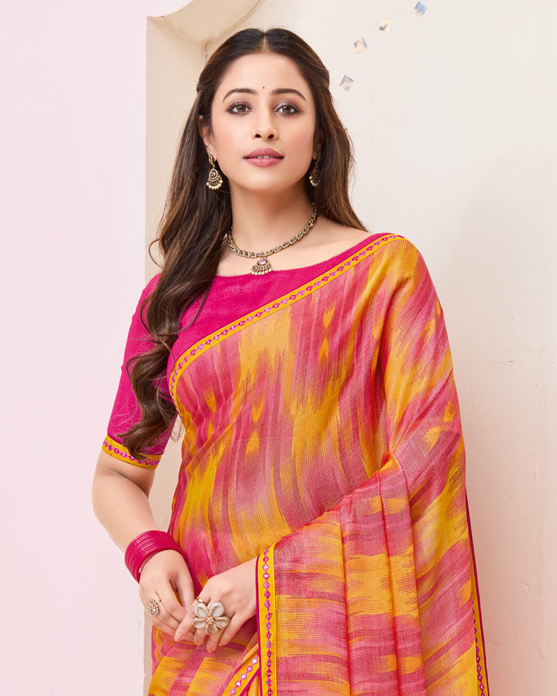 Vishal Prints Rosy Pink And Faded Orange Printed Brasso Saree With Fancy Border