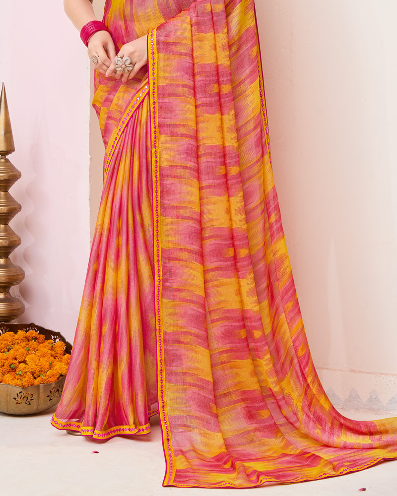 Vishal Prints Rosy Pink And Faded Orange Printed Brasso Saree With Fancy Border