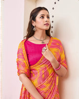 Vishal Prints Rosy Pink And Faded Orange Printed Brasso Saree With Fancy Border