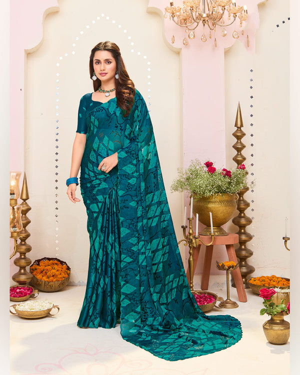 Vishal Prints Astronaut Blue Printed Brasso Saree With Cut Work Border