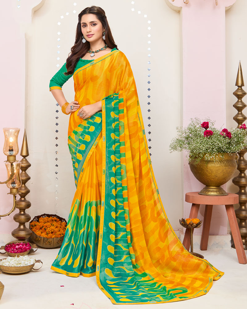 Vishal Prints Yellowish Orange Printed Brasso Saree With Fancy Border
