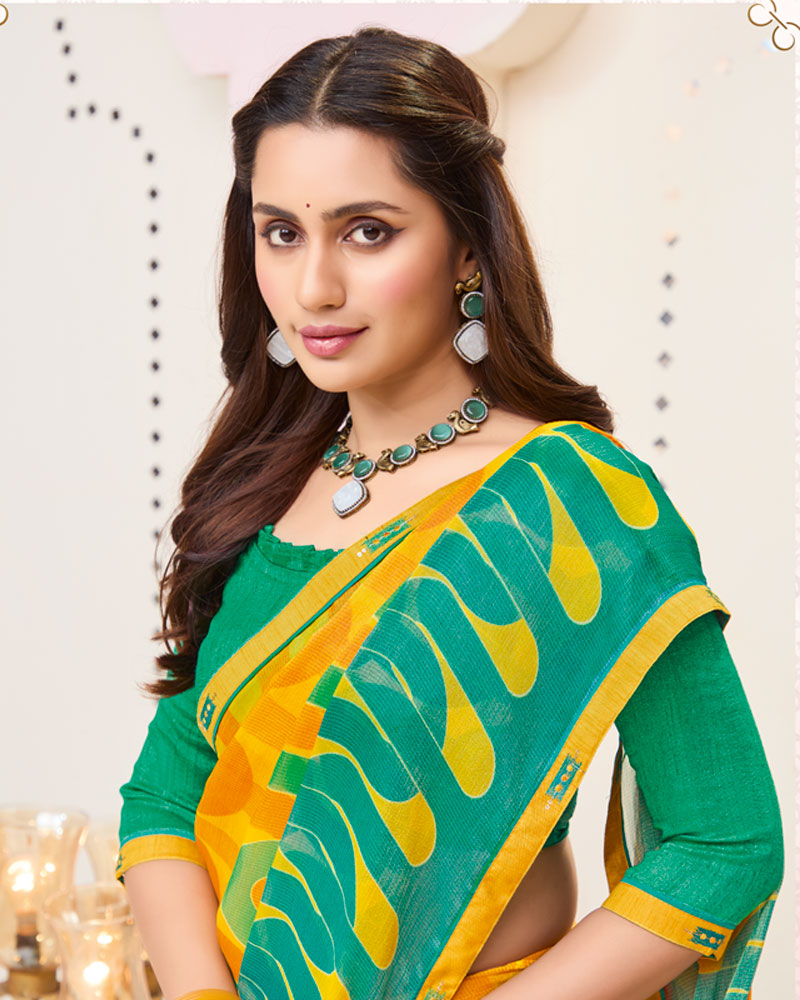 Vishal Prints Yellowish Orange Printed Brasso Saree With Fancy Border