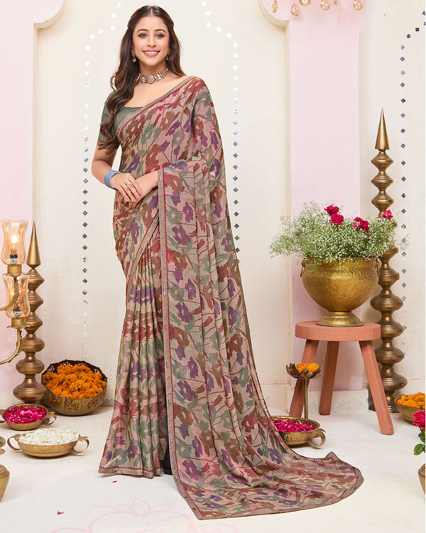Vishal Prints Pale Taupe Printed Brasso Saree With Fancy Border