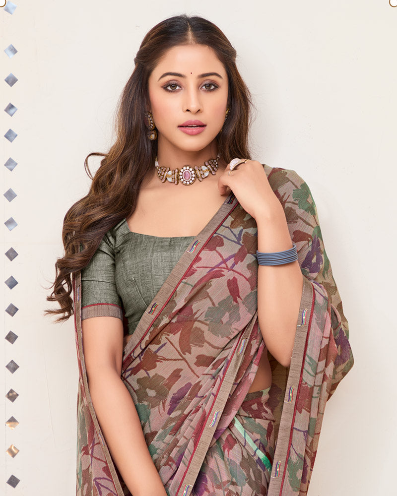Vishal Prints Pale Taupe Printed Brasso Saree With Fancy Border