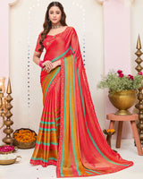 Vishal Prints Pastel Red Printed Brasso Saree With Fancy Border