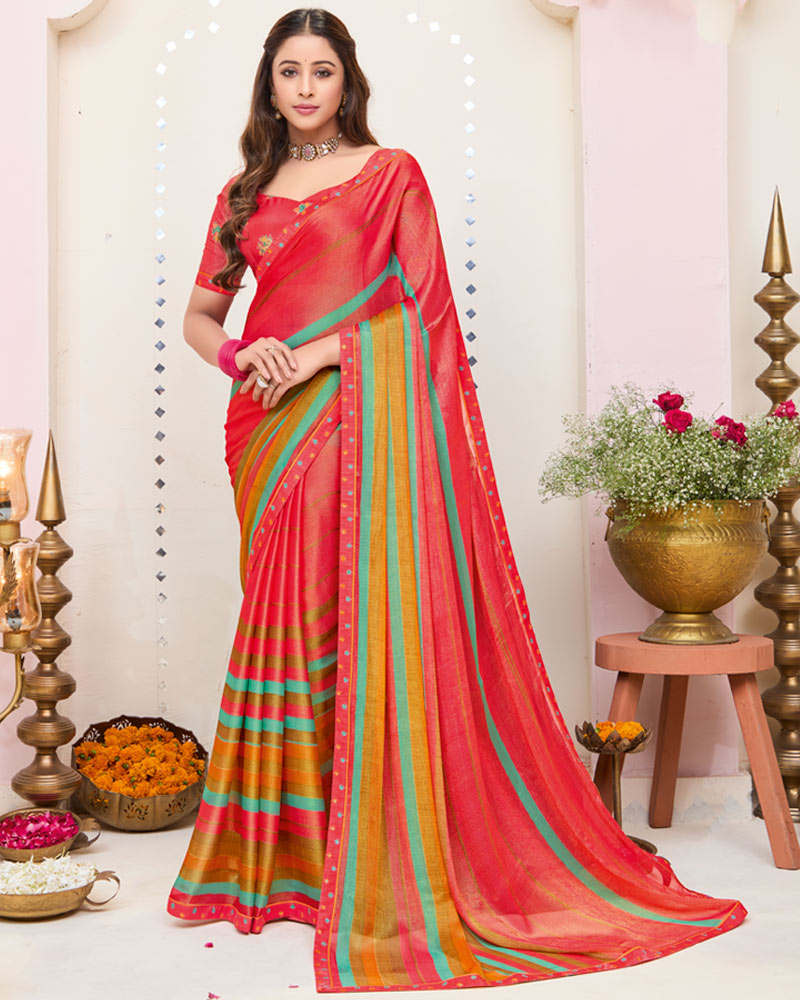 Vishal Prints Pastel Red Printed Brasso Saree With Fancy Border