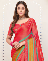 Vishal Prints Pastel Red Printed Brasso Saree With Fancy Border