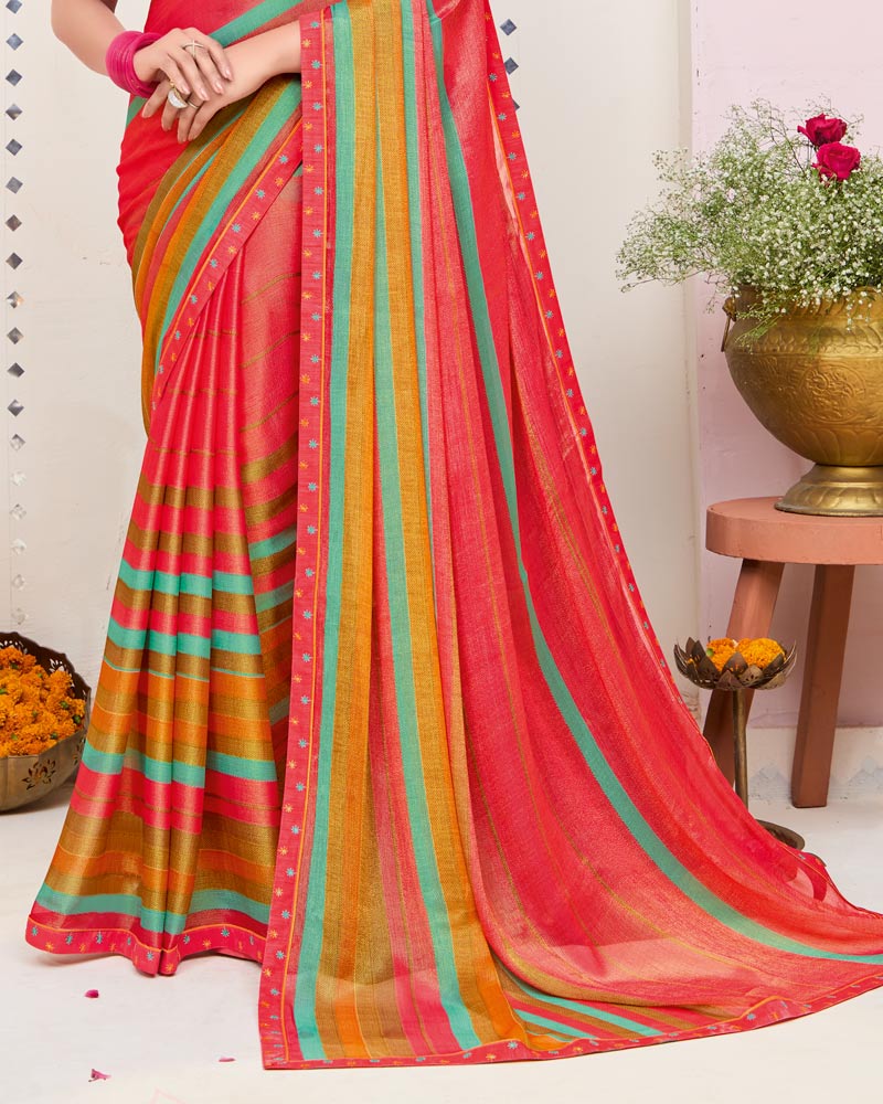 Vishal Prints Pastel Red Printed Brasso Saree With Fancy Border