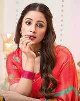 Vishal Prints Pastel Red Printed Brasso Saree With Fancy Border