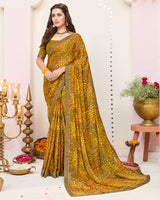 Vishal Prints Mustard Brown Printed Brasso Saree With Fancy Border