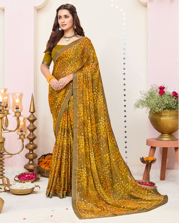 Vishal Prints Mustard Brown Printed Brasso Saree With Fancy Border