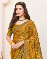 Vishal Prints Mustard Brown Printed Brasso Saree With Fancy Border