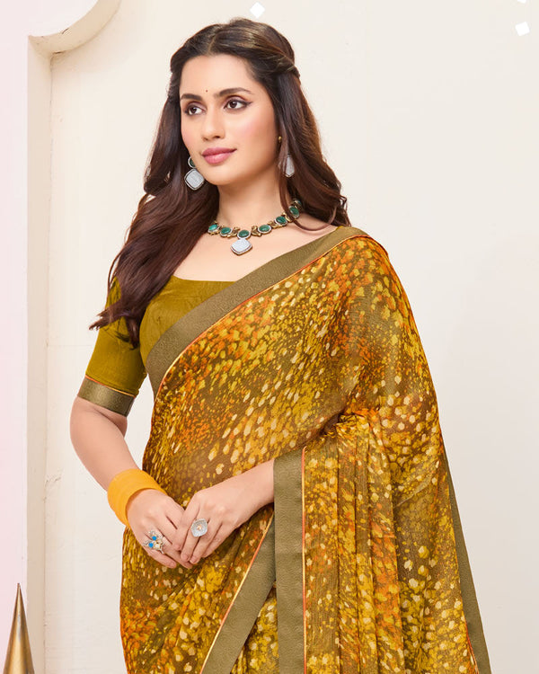 Vishal Prints Mustard Brown Printed Brasso Saree With Fancy Border