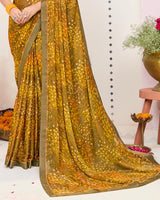 Vishal Prints Mustard Brown Printed Brasso Saree With Fancy Border