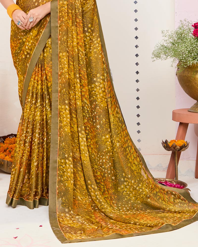 Vishal Prints Mustard Brown Printed Brasso Saree With Fancy Border