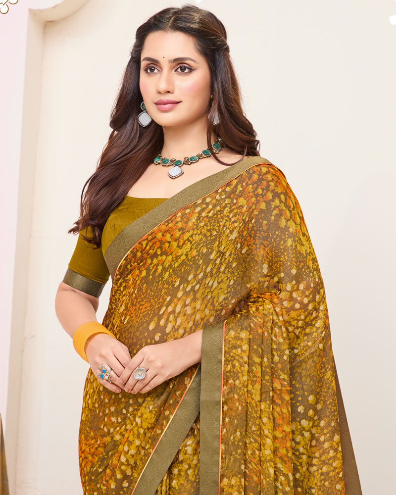 Vishal Prints Mustard Brown Printed Brasso Saree With Fancy Border