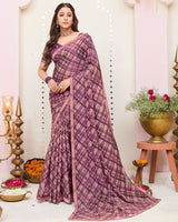 Vishal Prints Oriental Pink And Dark Mauve Printed Brasso Saree With Fancy Border