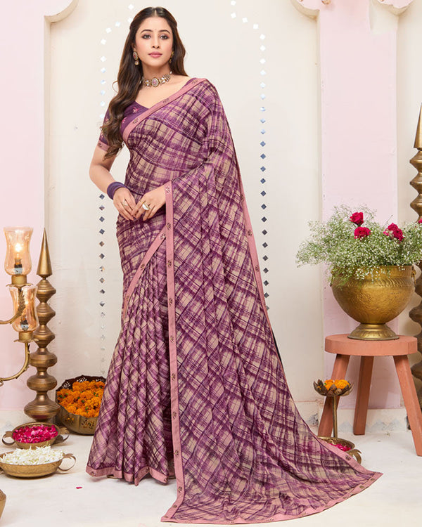 Vishal Prints Oriental Pink And Dark Mauve Printed Brasso Saree With Fancy Border