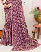 Vishal Prints Oriental Pink And Dark Mauve Printed Brasso Saree With Fancy Border