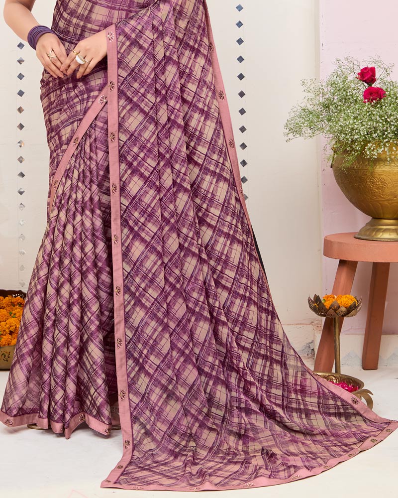 Vishal Prints Oriental Pink And Dark Mauve Printed Brasso Saree With Fancy Border