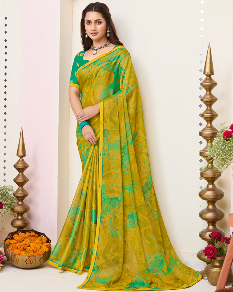 Vishal Prints Yellowy Brown Printed Brasso Saree With Fancy Border