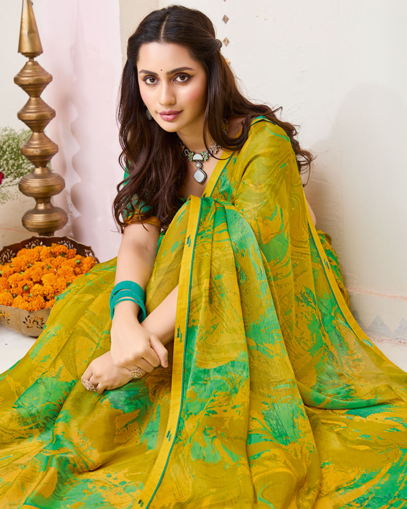 Vishal Prints Yellowy Brown Printed Brasso Saree With Fancy Border