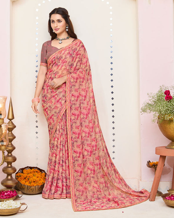 Vishal Prints Peachy Pink Printed Brasso Saree With Fancy Border