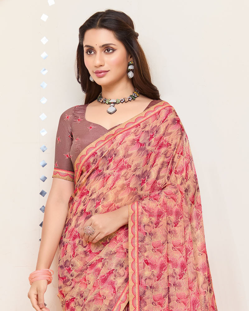 Vishal Prints Peachy Pink Printed Brasso Saree With Fancy Border
