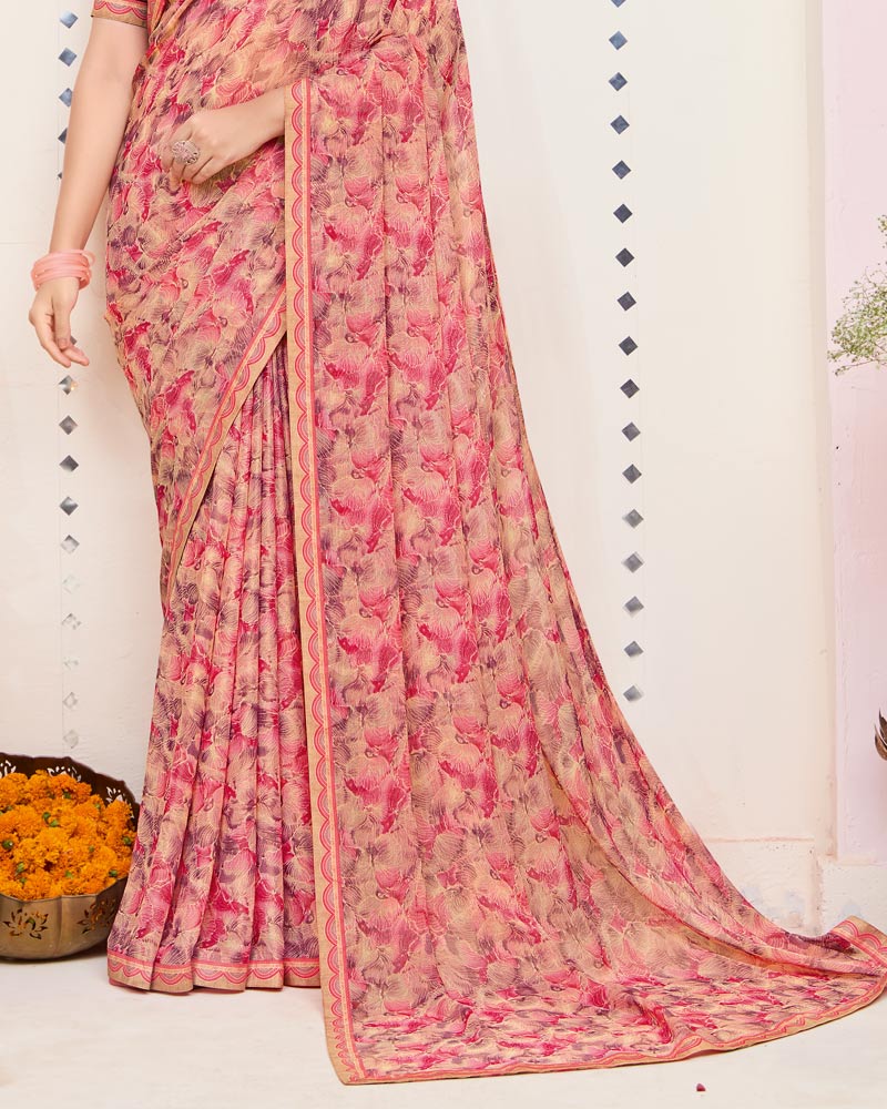 Vishal Prints Peachy Pink Printed Brasso Saree With Fancy Border