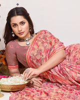 Vishal Prints Peachy Pink Printed Brasso Saree With Fancy Border