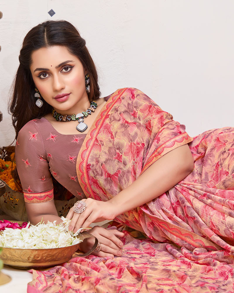 Vishal Prints Peachy Pink Printed Brasso Saree With Fancy Border