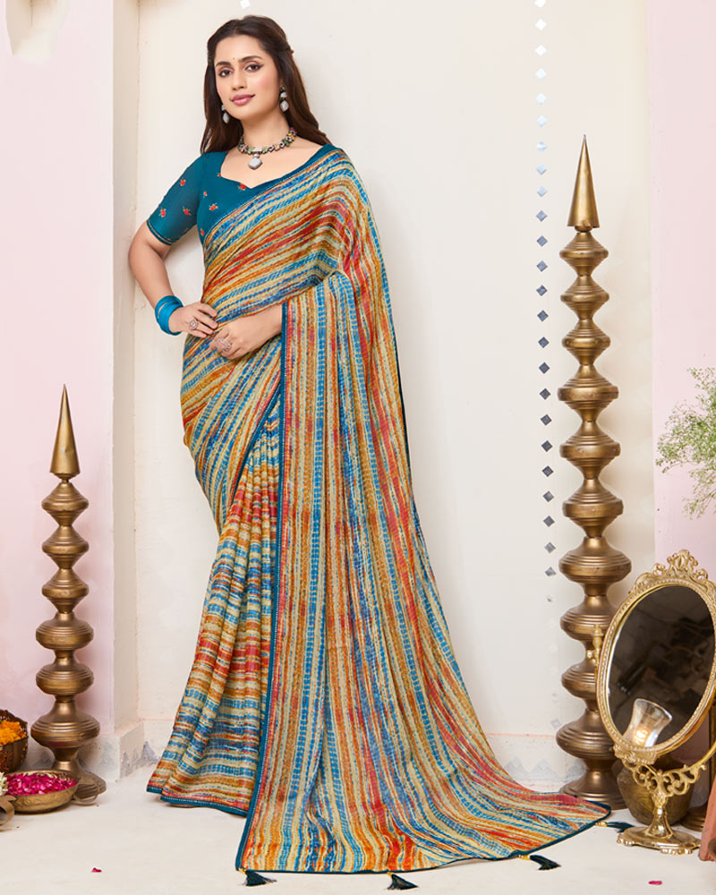 Vishal Prints Multicolored Printed Brasso Saree With Fancy Border And Tassel