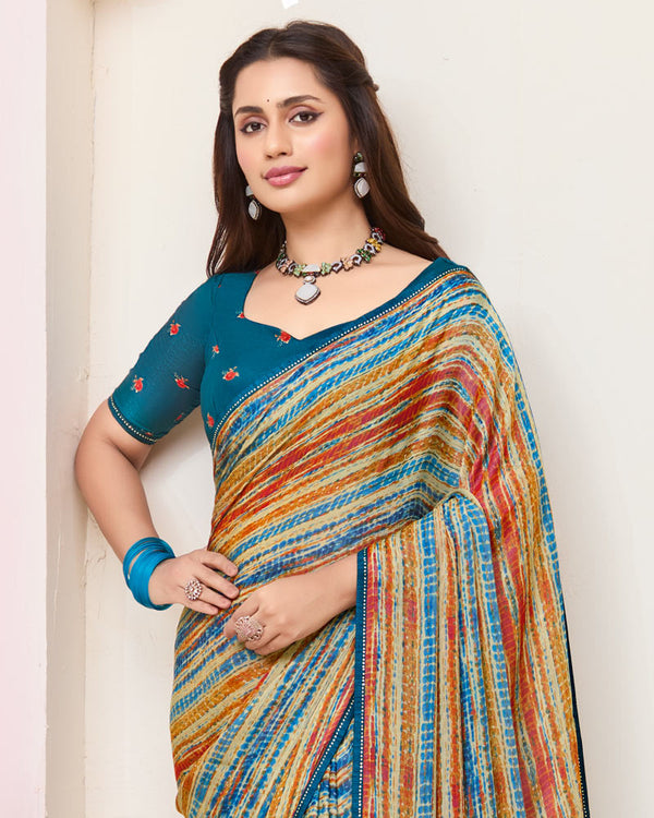 Vishal Prints Multicolored Printed Brasso Saree With Fancy Border And Tassel