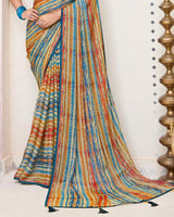 Vishal Prints Multicolored Printed Brasso Saree With Fancy Border And Tassel
