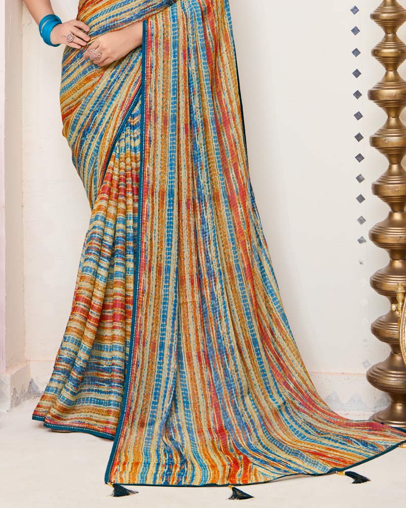 Vishal Prints Multicolored Printed Brasso Saree With Fancy Border And Tassel