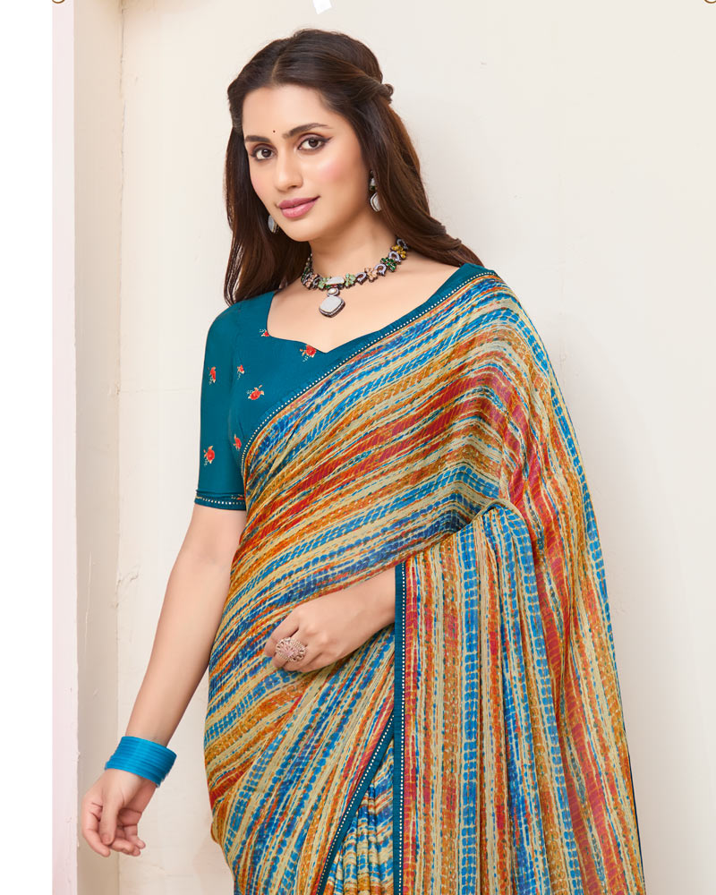 Vishal Prints Multicolored Printed Brasso Saree With Fancy Border And Tassel