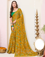 Vishal Prints Ochre Printed Brasso Saree With Fancy Border