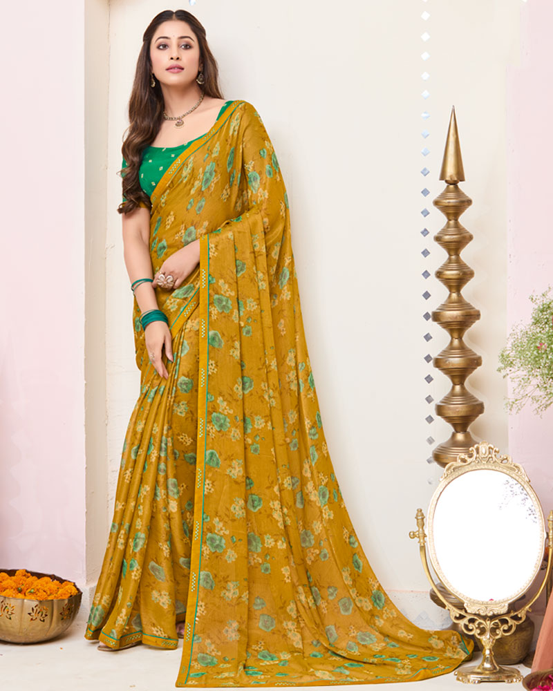 Vishal Prints Ochre Printed Brasso Saree With Fancy Border