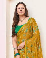 Vishal Prints Ochre Printed Brasso Saree With Fancy Border