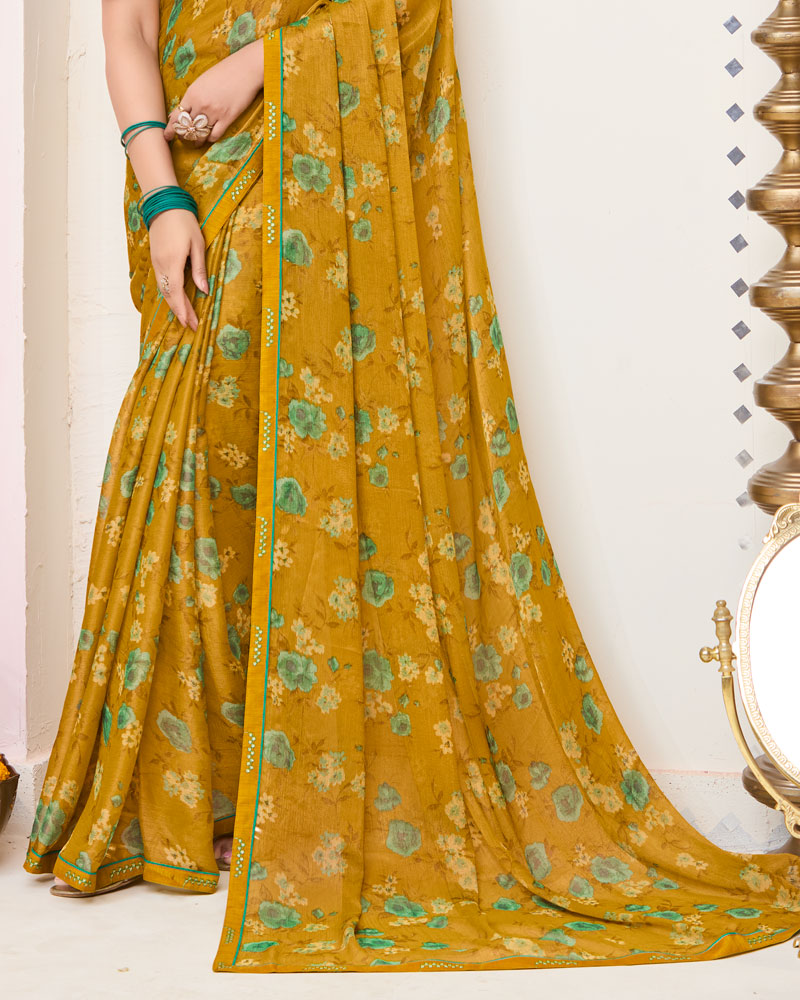 Vishal Prints Ochre Printed Brasso Saree With Fancy Border