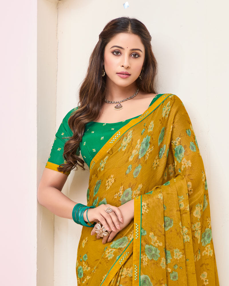 Vishal Prints Ochre Printed Brasso Saree With Fancy Border