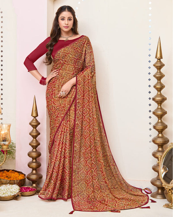 Vishal Prints Vivid Burgundy Printed Brasso Saree With Fancy Border And Tassel