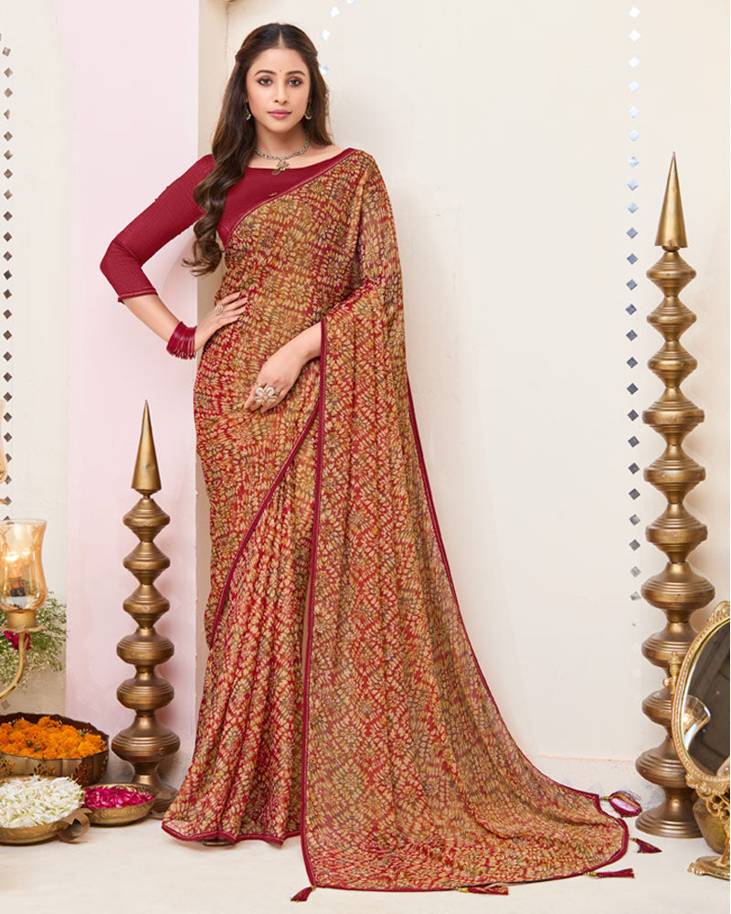 Vishal Prints Vivid Burgundy Printed Brasso Saree With Fancy Border And Tassel