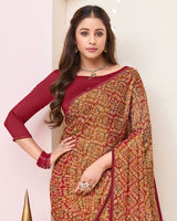 Vishal Prints Vivid Burgundy Printed Brasso Saree With Fancy Border And Tassel