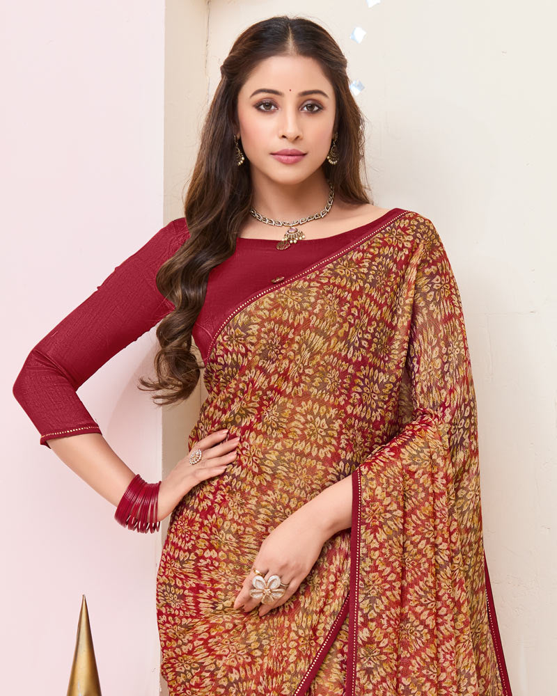 Vishal Prints Vivid Burgundy Printed Brasso Saree With Fancy Border And Tassel