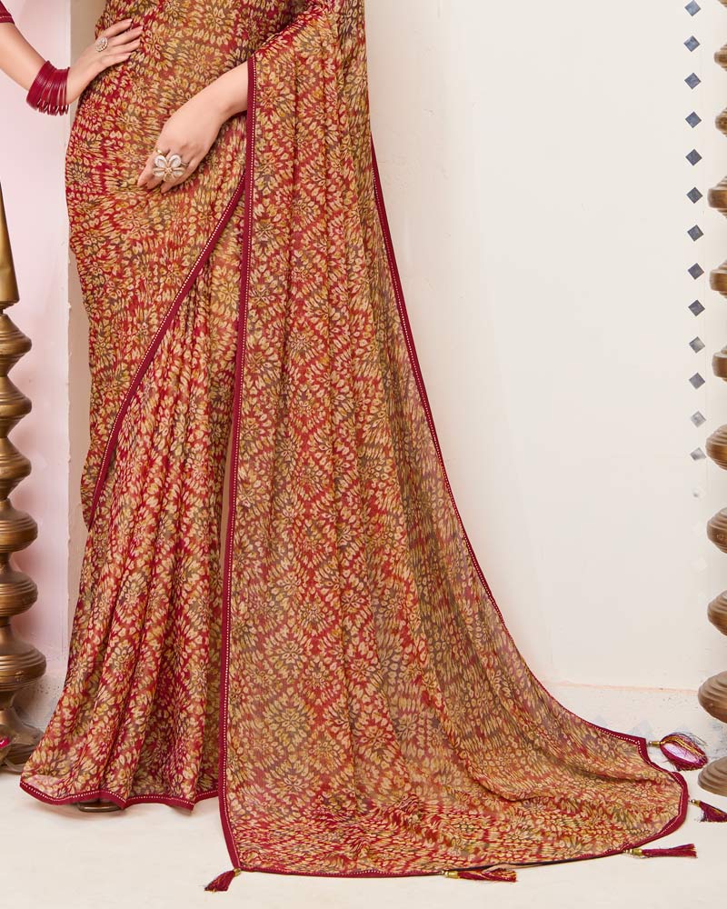 Vishal Prints Vivid Burgundy Printed Brasso Saree With Fancy Border And Tassel